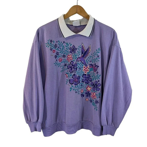 Haband Hummingbird Floral Glitter Sweater Light Purple Collared Pink Blue Knit - Picture 1 of 12